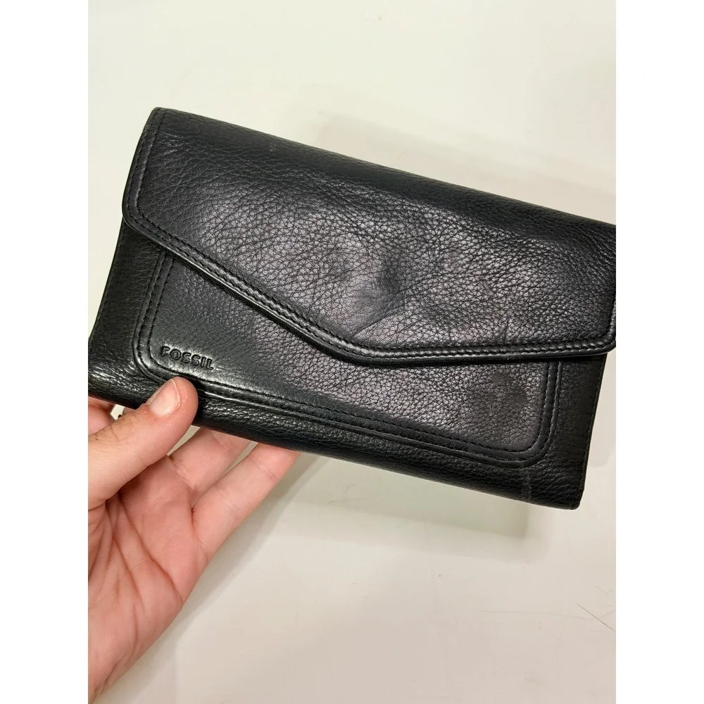 Fossil Black Pebbled Leather Envelope Clutch Wallet Zip Pocket Organizer